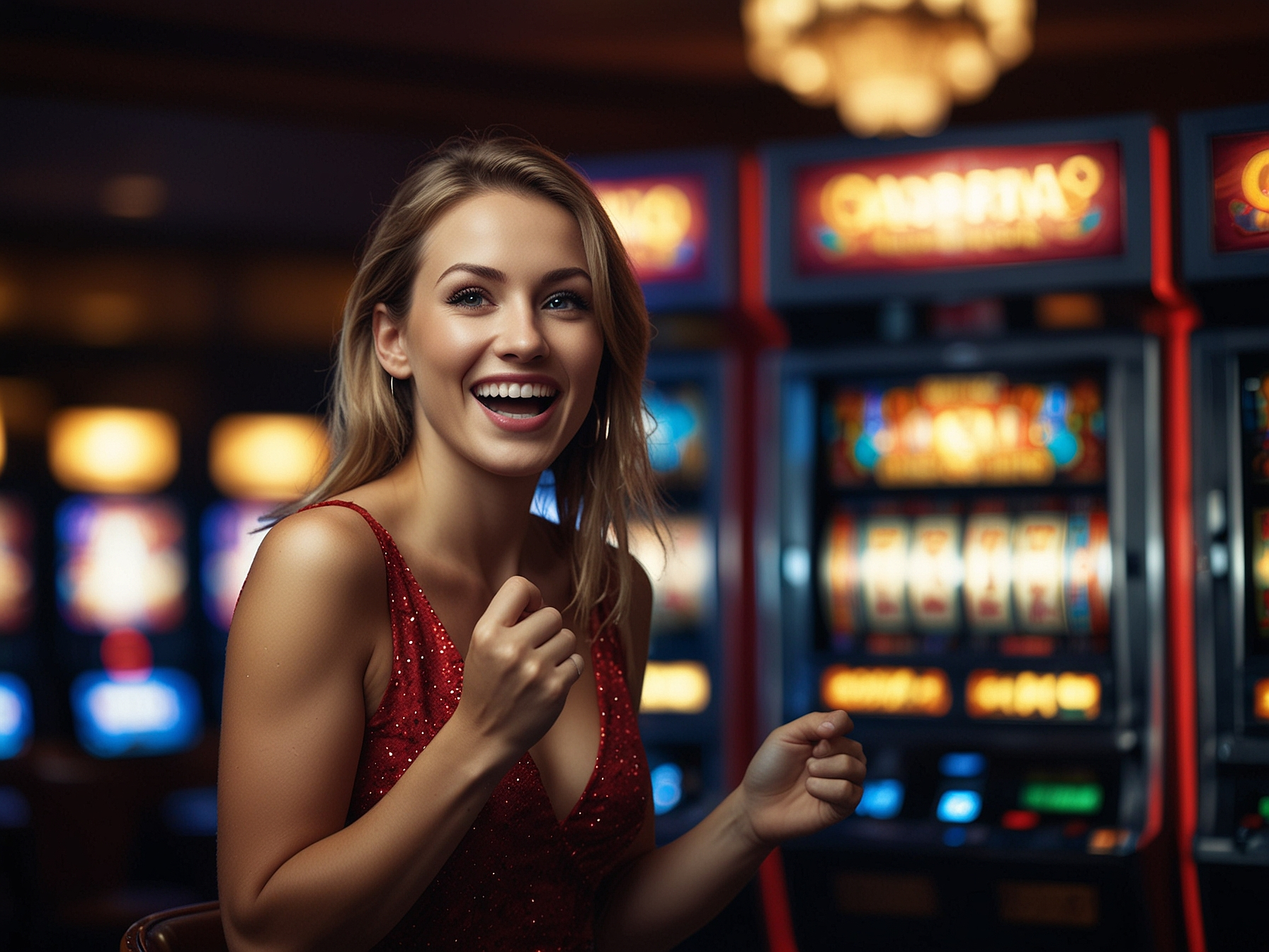 Player celebrating next to slot machine